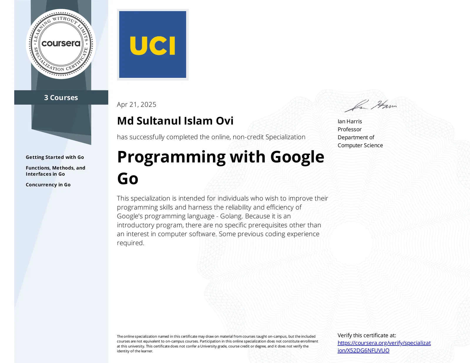 Programming with Google Go Specialization certificate