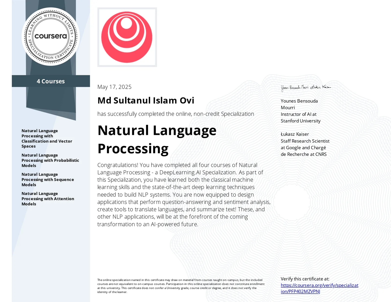 Natural Language Processing Specialization certificate